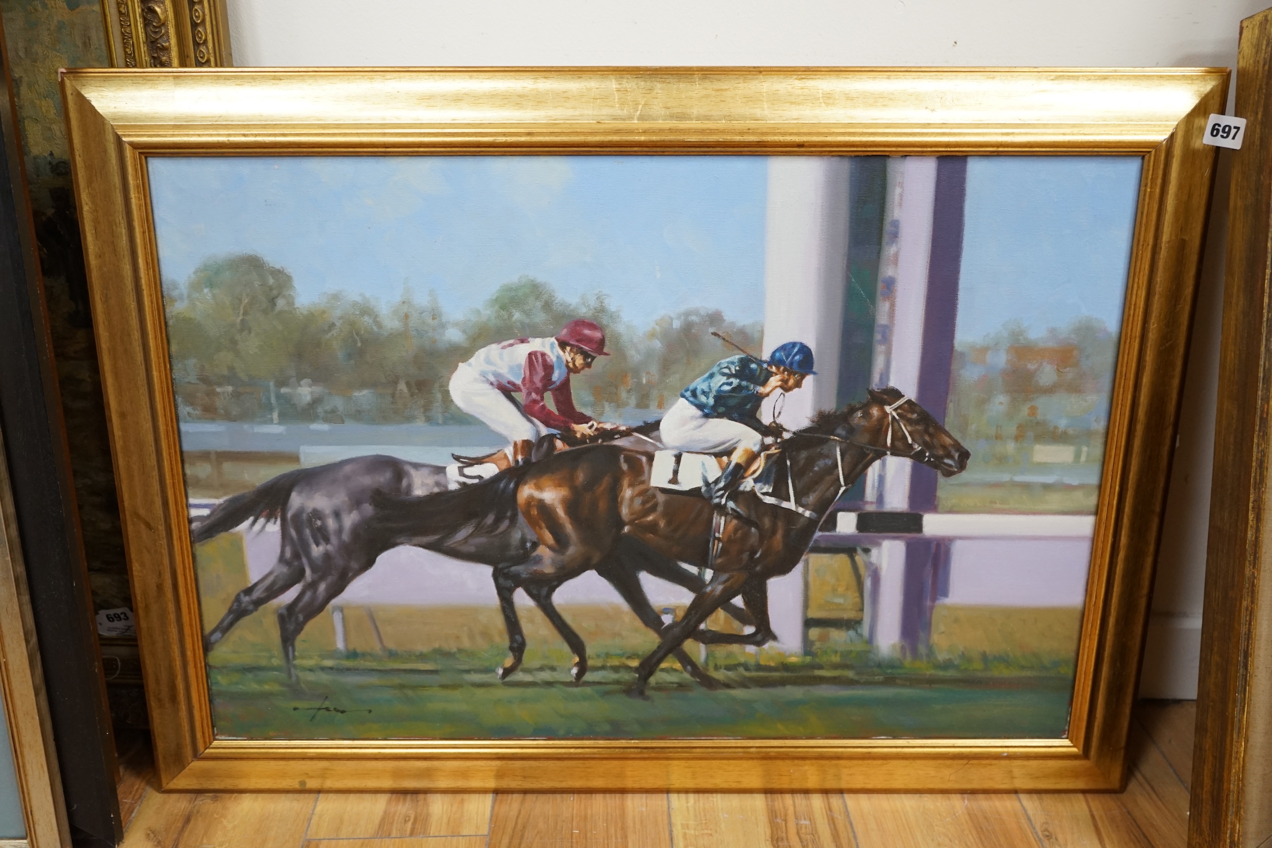 Graham Isom (b.1945), oil on canvas, Horse racing scene, 50 x 75cm. Condition - fair to good, a few minor light scuffs